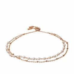 Discount ⭐ Fossil 👩 Women's Drew Glass Pearl Rose Gold-Tone Stainless Steel Multi-Strand Bracelet 🧨